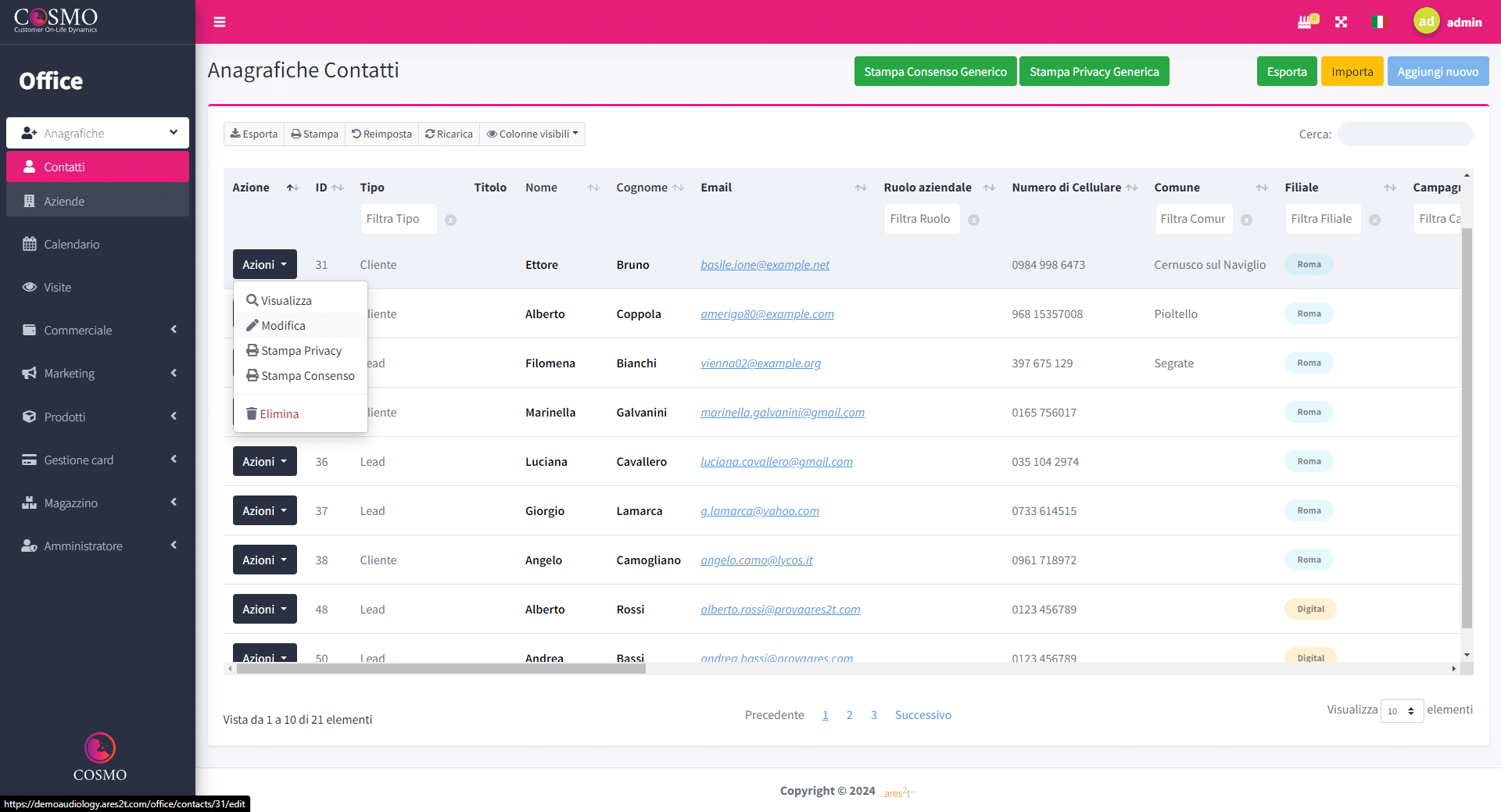 Schermata del CRM per Centri Acustici Cosmo che mostra la gestione degli elenchi di contatti di tipo anagrafica paziente