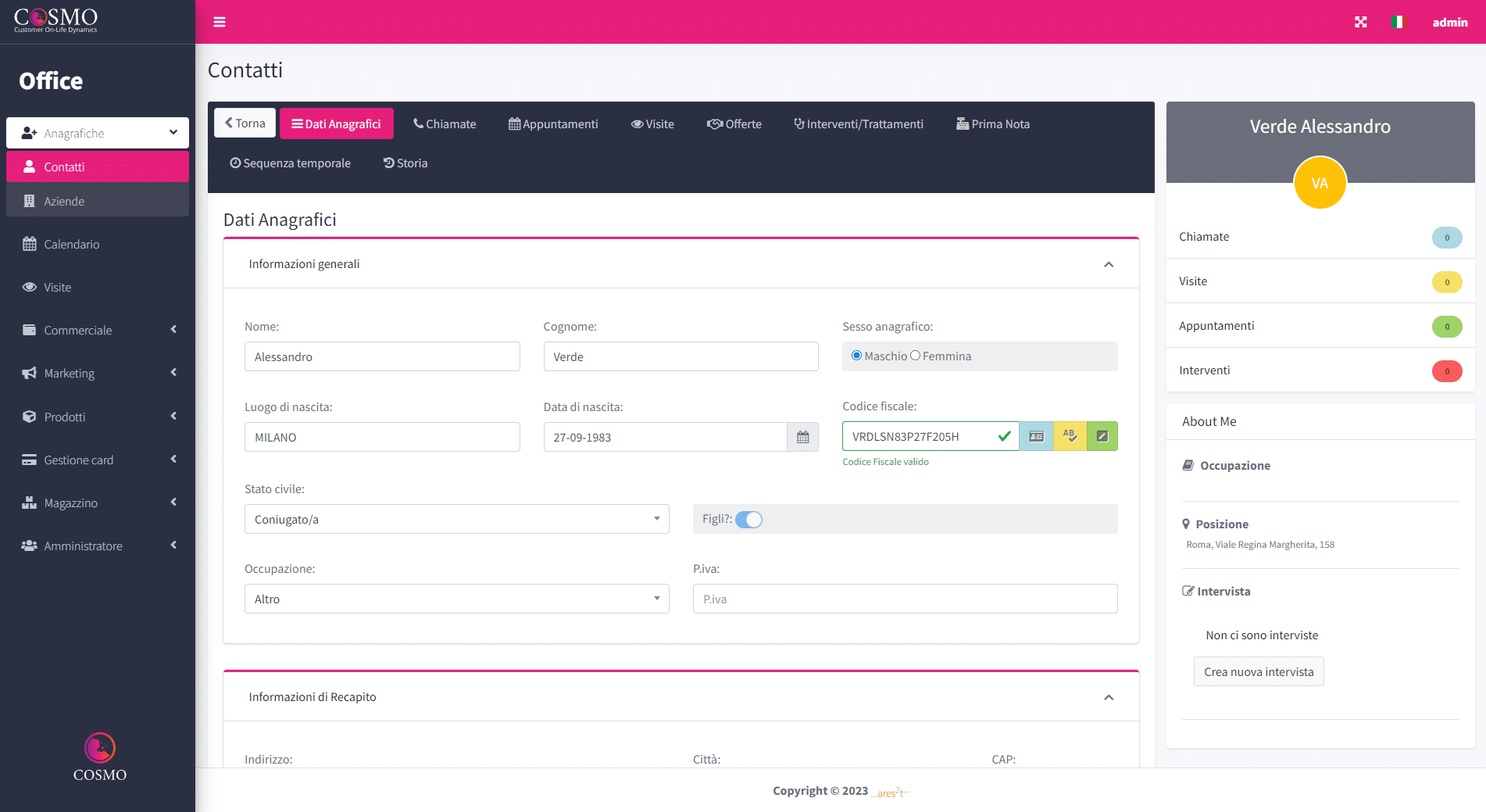 Schermata del CRM per Centri Acustici Cosmo che mostra la gestione dei contatti di tipo anagrafiche pazienti